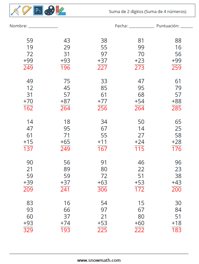 (25) Suma de 2 dígitos (Suma de 4 números) Hojas de trabajo de matemáticas 17 Pregunta, respuesta