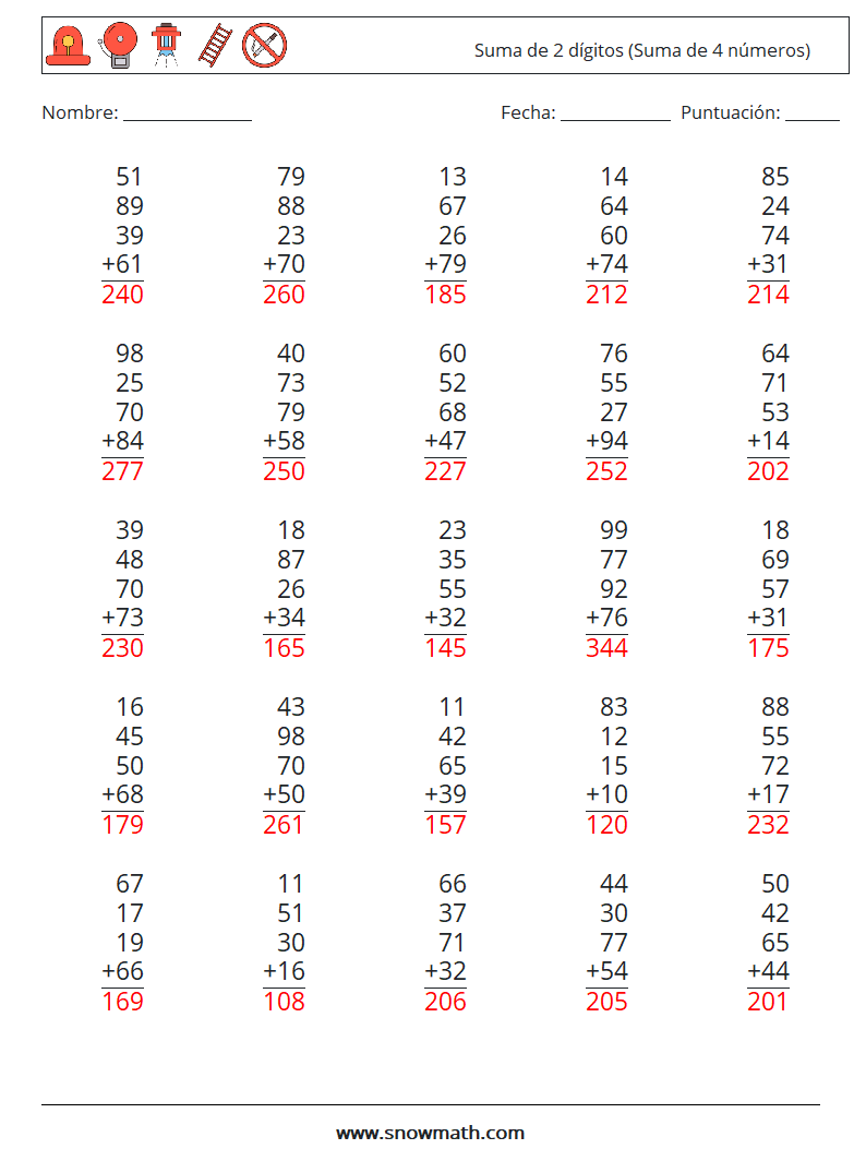 (25) Suma de 2 dígitos (Suma de 4 números) Hojas de trabajo de matemáticas 18 Pregunta, respuesta