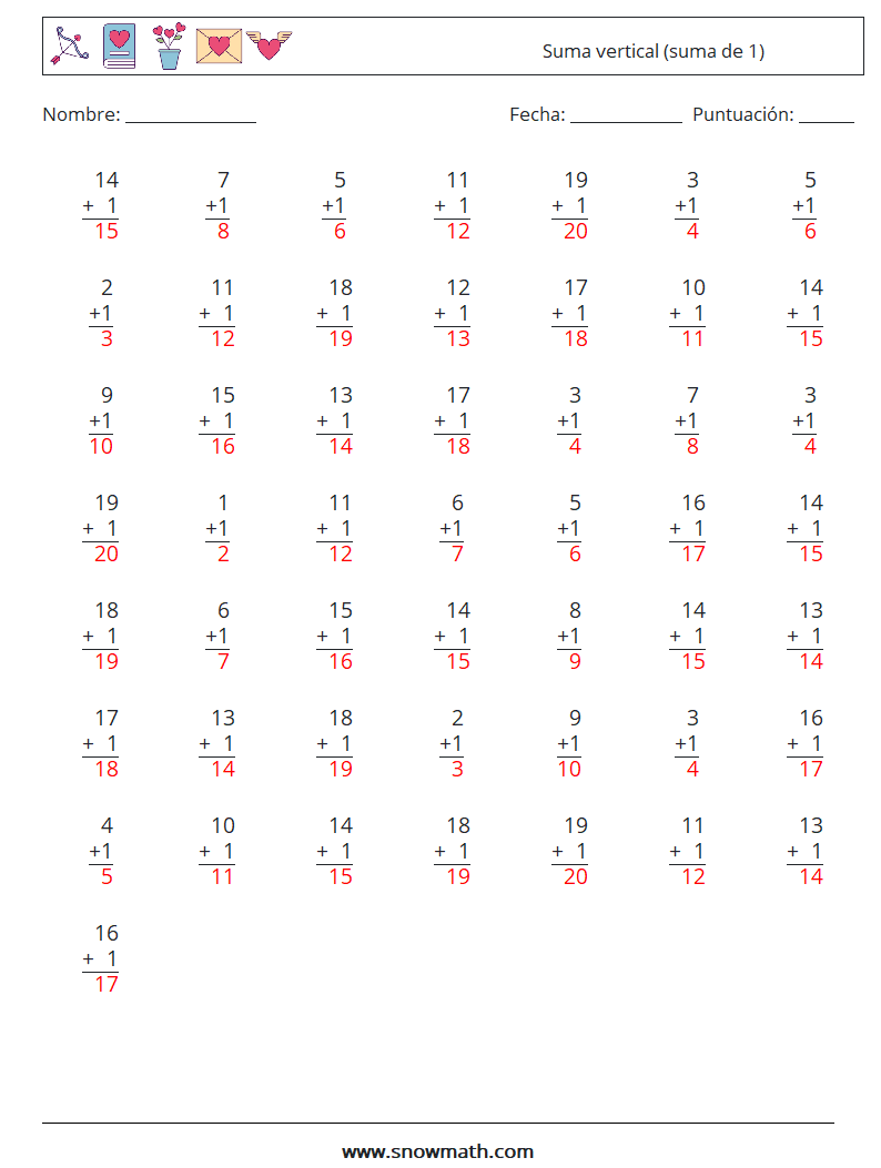 (50) Suma vertical (suma de 1) Hojas de trabajo de matemáticas 10 Pregunta, respuesta
