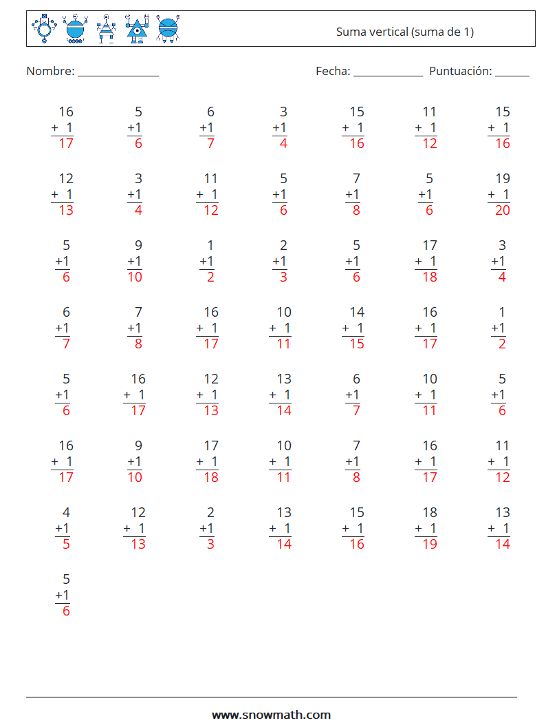 (50) Suma vertical (suma de 1) Hojas de trabajo de matemáticas 13 Pregunta, respuesta