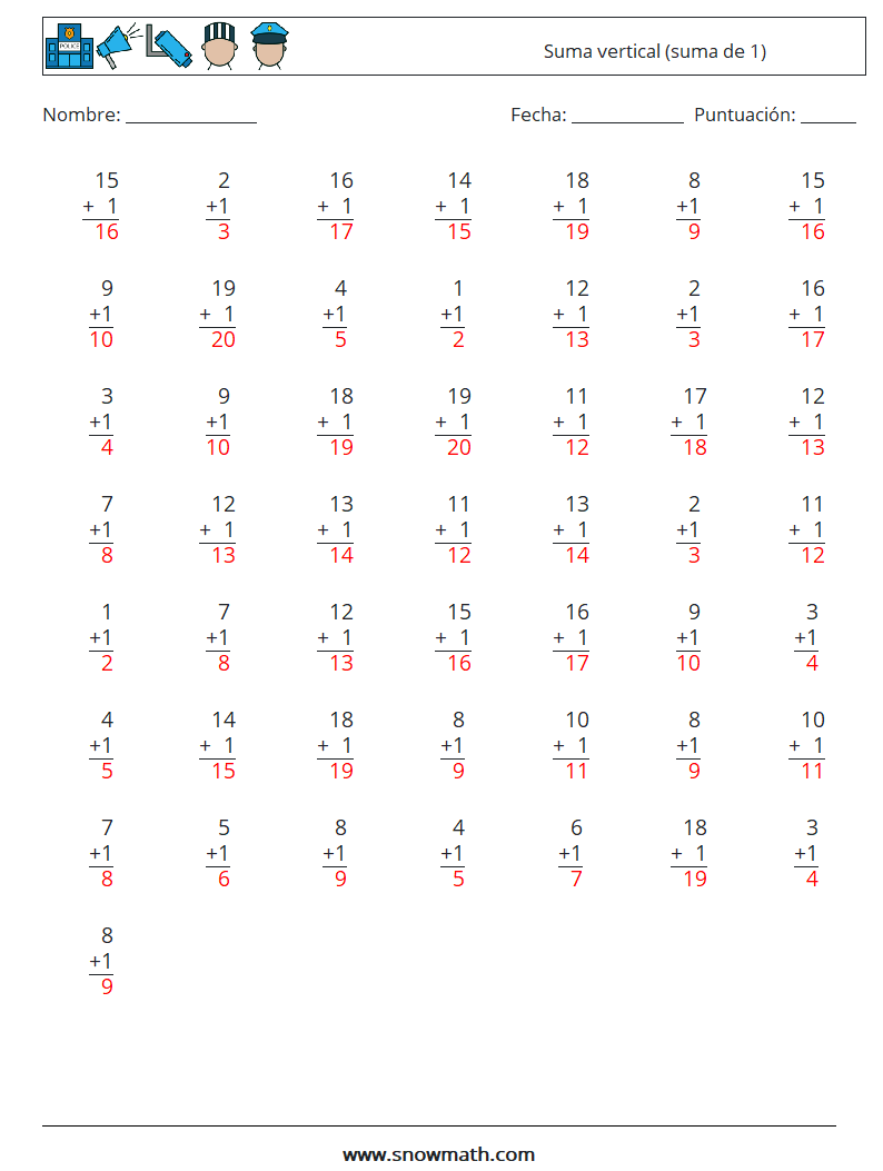 (50) Suma vertical (suma de 1) Hojas de trabajo de matemáticas 16 Pregunta, respuesta