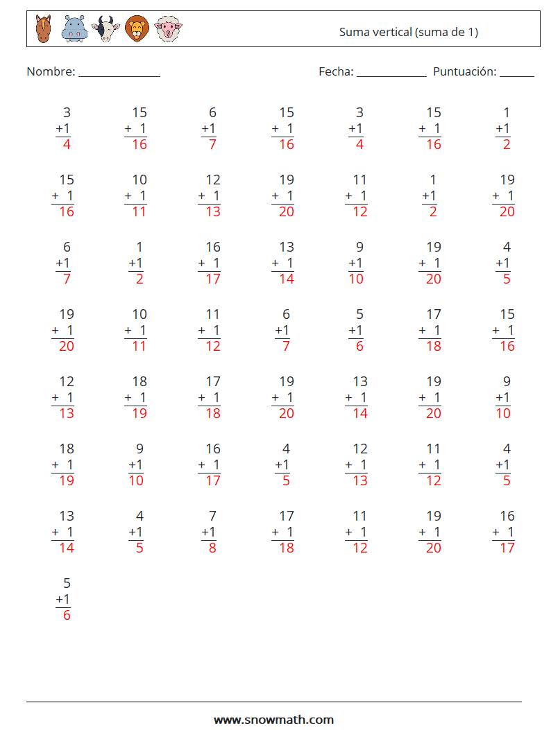 (50) Suma vertical (suma de 1) Hojas de trabajo de matemáticas 17 Pregunta, respuesta