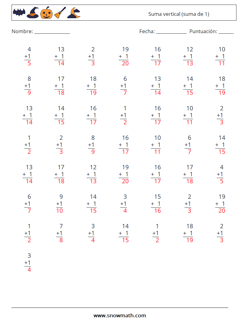 (50) Suma vertical (suma de 1) Hojas de trabajo de matemáticas 18 Pregunta, respuesta