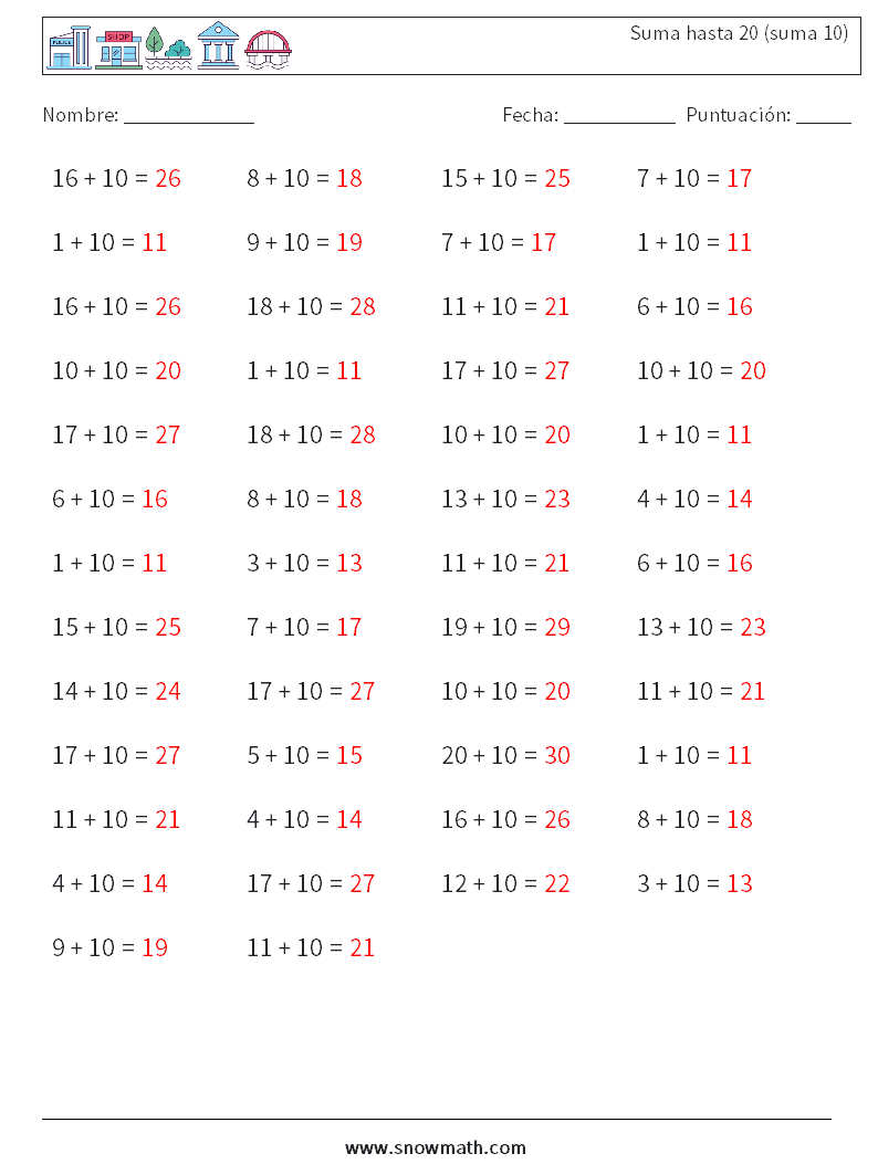 (50) Suma hasta 20 (suma 10) Hojas de trabajo de matemáticas 6 Pregunta, respuesta