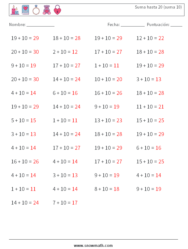 (50) Suma hasta 20 (suma 10) Hojas de trabajo de matemáticas 9 Pregunta, respuesta