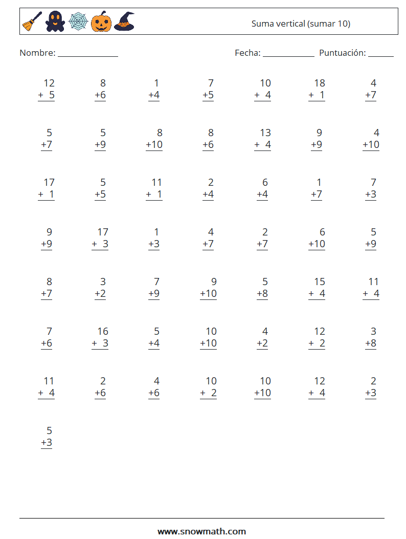 (50) Suma vertical (sumar 10) Hojas de trabajo de matemáticas 10