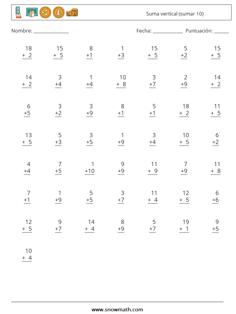 (50) Suma vertical (sumar 10) Hojas de trabajo de matemáticas 12