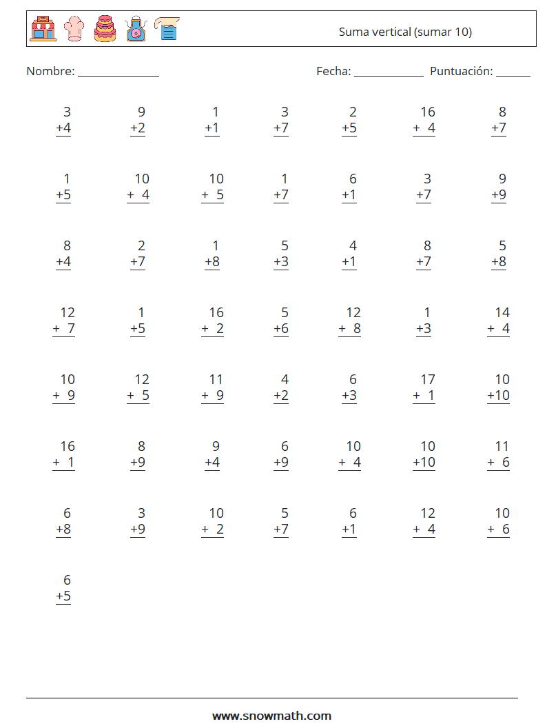 (50) Suma vertical (sumar 10) Hojas de trabajo de matemáticas 13