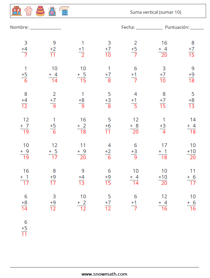 (50) Suma vertical (sumar 10) Hojas de trabajo de matemáticas 13 Pregunta, respuesta