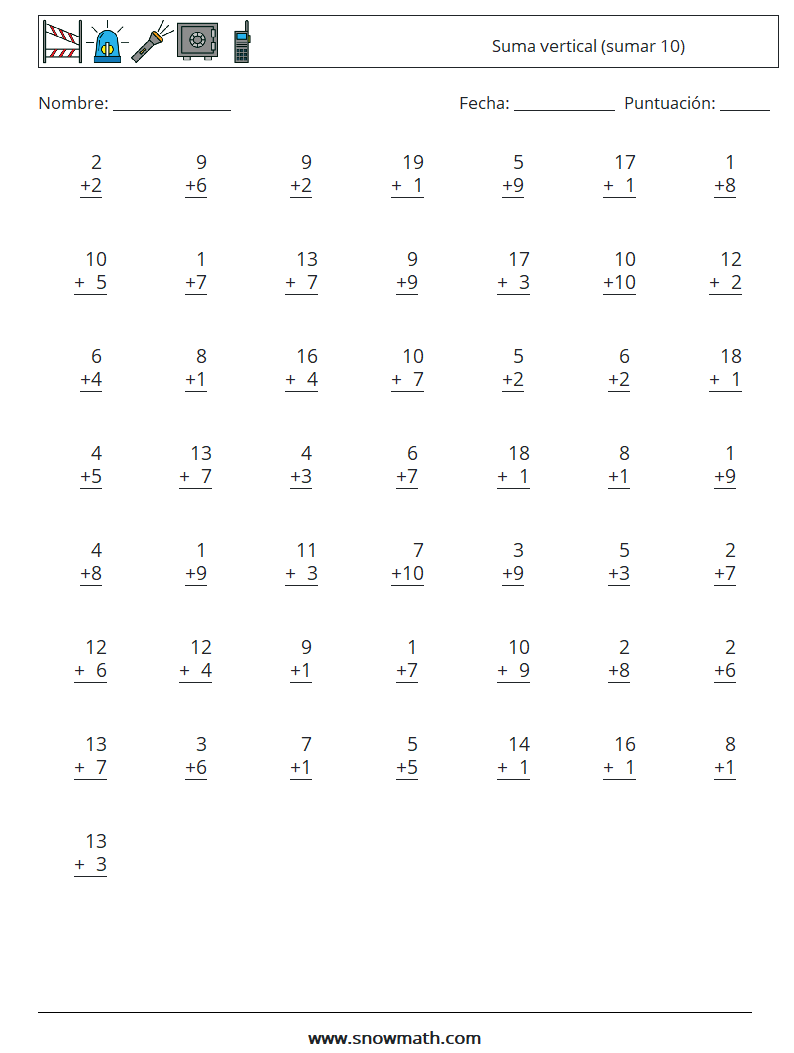 (50) Suma vertical (sumar 10) Hojas de trabajo de matemáticas 14