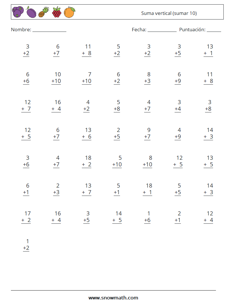 (50) Suma vertical (sumar 10) Hojas de trabajo de matemáticas 15