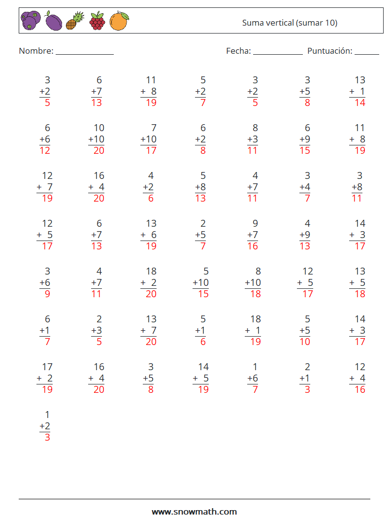 (50) Suma vertical (sumar 10) Hojas de trabajo de matemáticas 15 Pregunta, respuesta