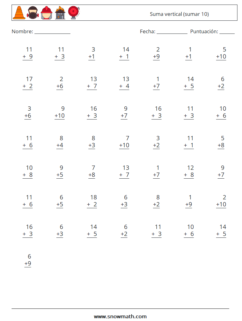 (50) Suma vertical (sumar 10) Hojas de trabajo de matemáticas 16