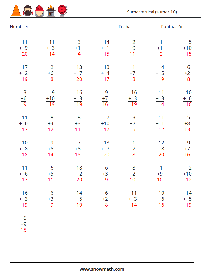 (50) Suma vertical (sumar 10) Hojas de trabajo de matemáticas 16 Pregunta, respuesta