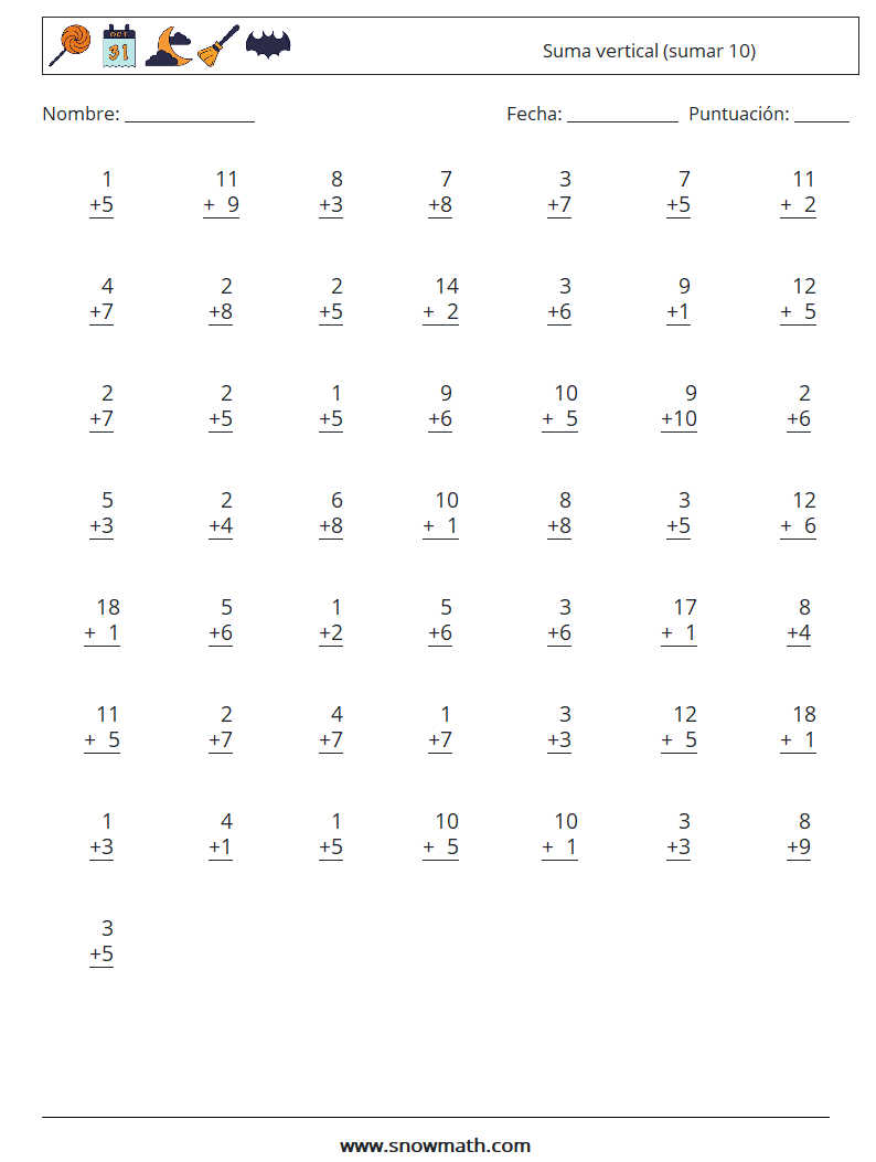 (50) Suma vertical (sumar 10) Hojas de trabajo de matemáticas 17