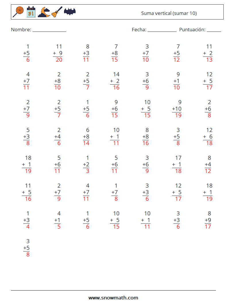 (50) Suma vertical (sumar 10) Hojas de trabajo de matemáticas 17 Pregunta, respuesta