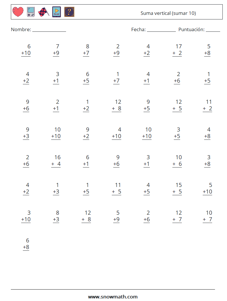 (50) Suma vertical (sumar 10) Hojas de trabajo de matemáticas 18