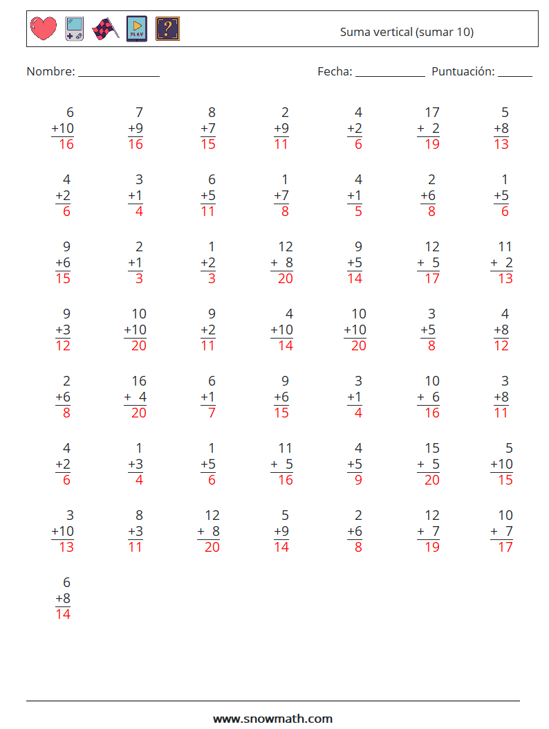 (50) Suma vertical (sumar 10) Hojas de trabajo de matemáticas 18 Pregunta, respuesta