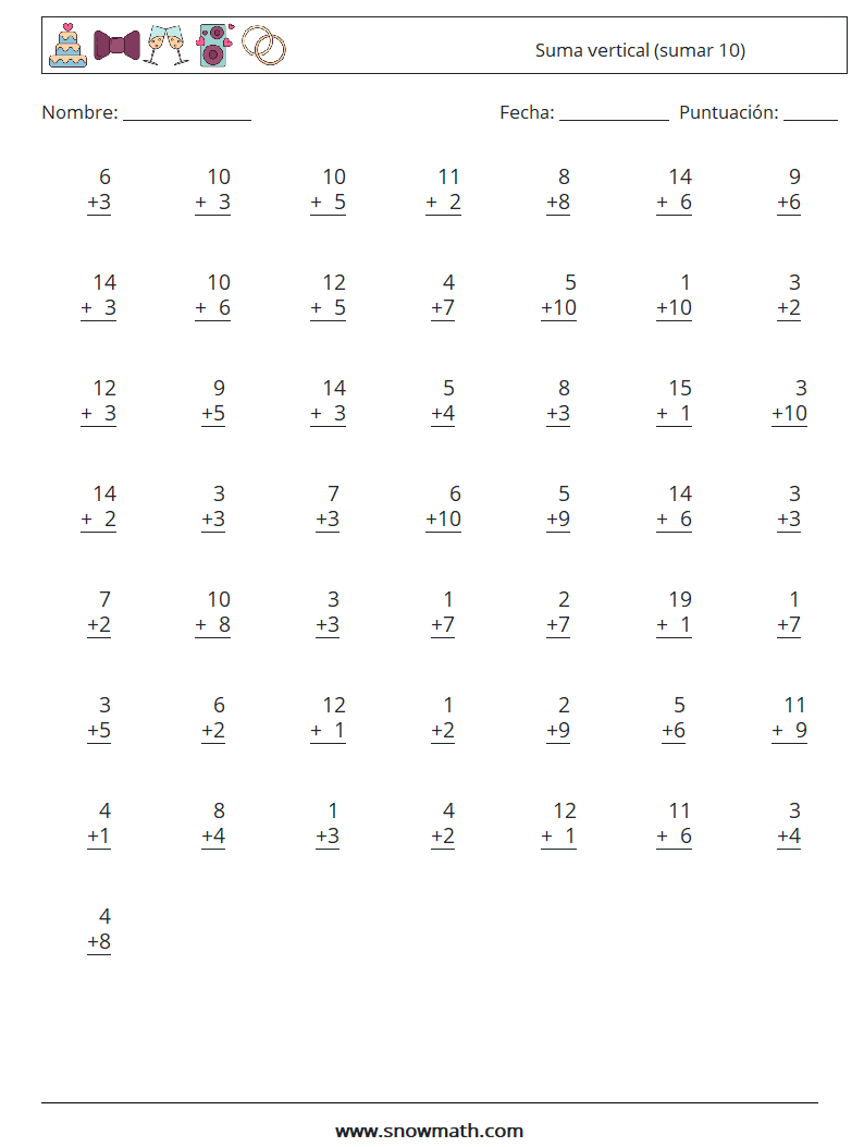 (50) Suma vertical (sumar 10) Hojas de trabajo de matemáticas 2