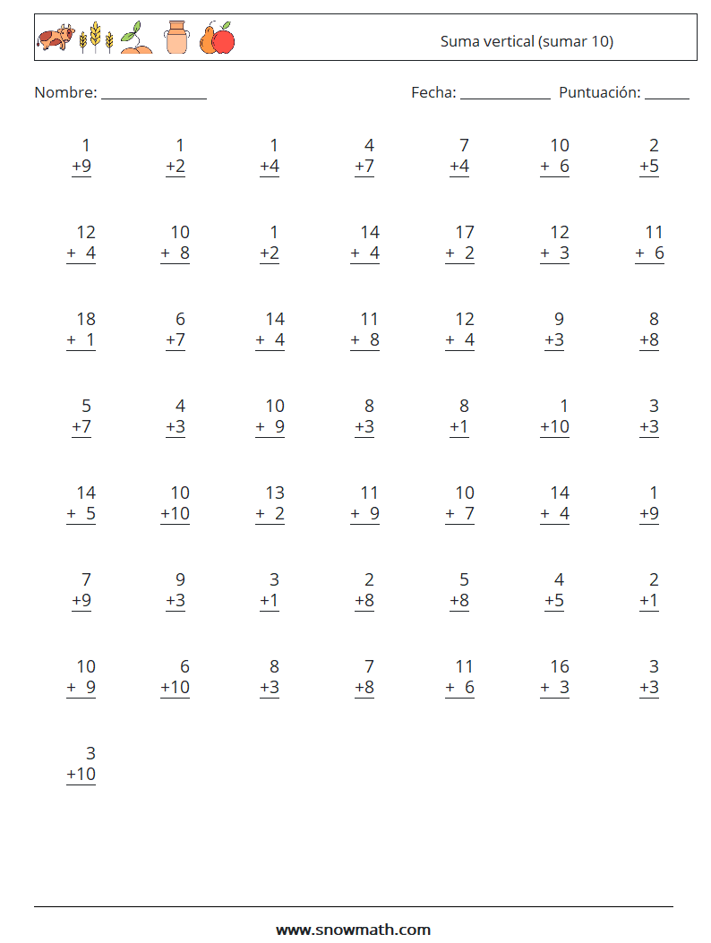 (50) Suma vertical (sumar 10) Hojas de trabajo de matemáticas 3