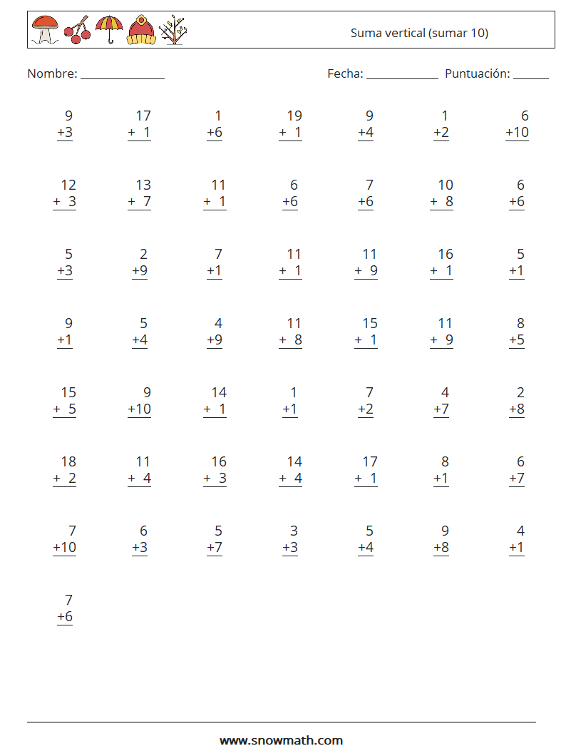 (50) Suma vertical (sumar 10) Hojas de trabajo de matemáticas 5
