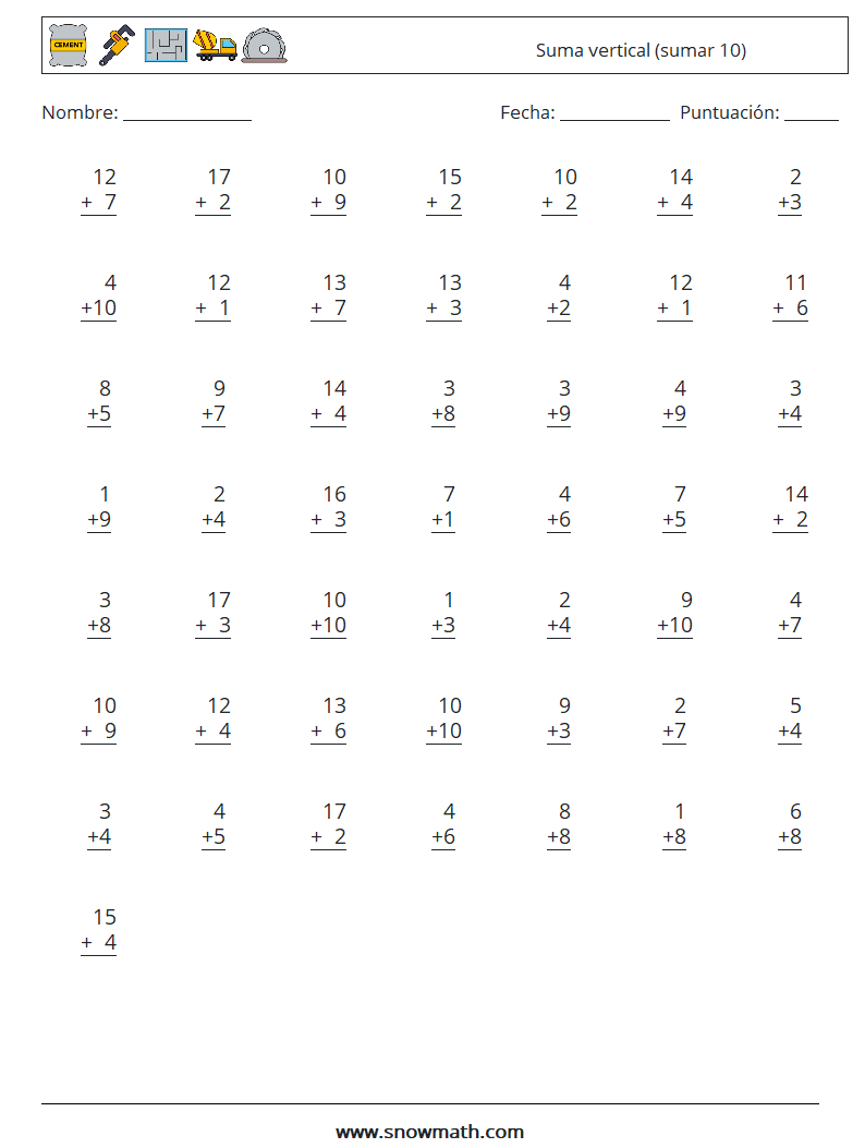 (50) Suma vertical (sumar 10) Hojas de trabajo de matemáticas 6