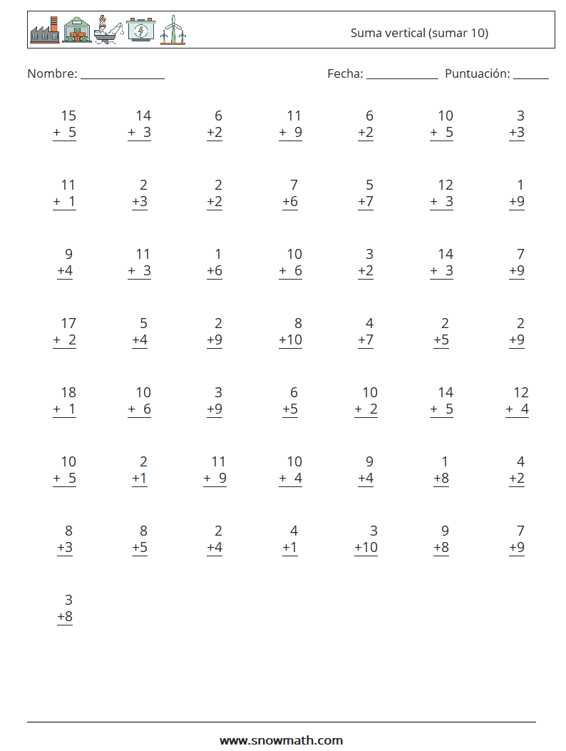 (50) Suma vertical (sumar 10) Hojas de trabajo de matemáticas 7