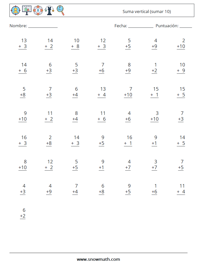 (50) Suma vertical (sumar 10) Hojas de trabajo de matemáticas 9
