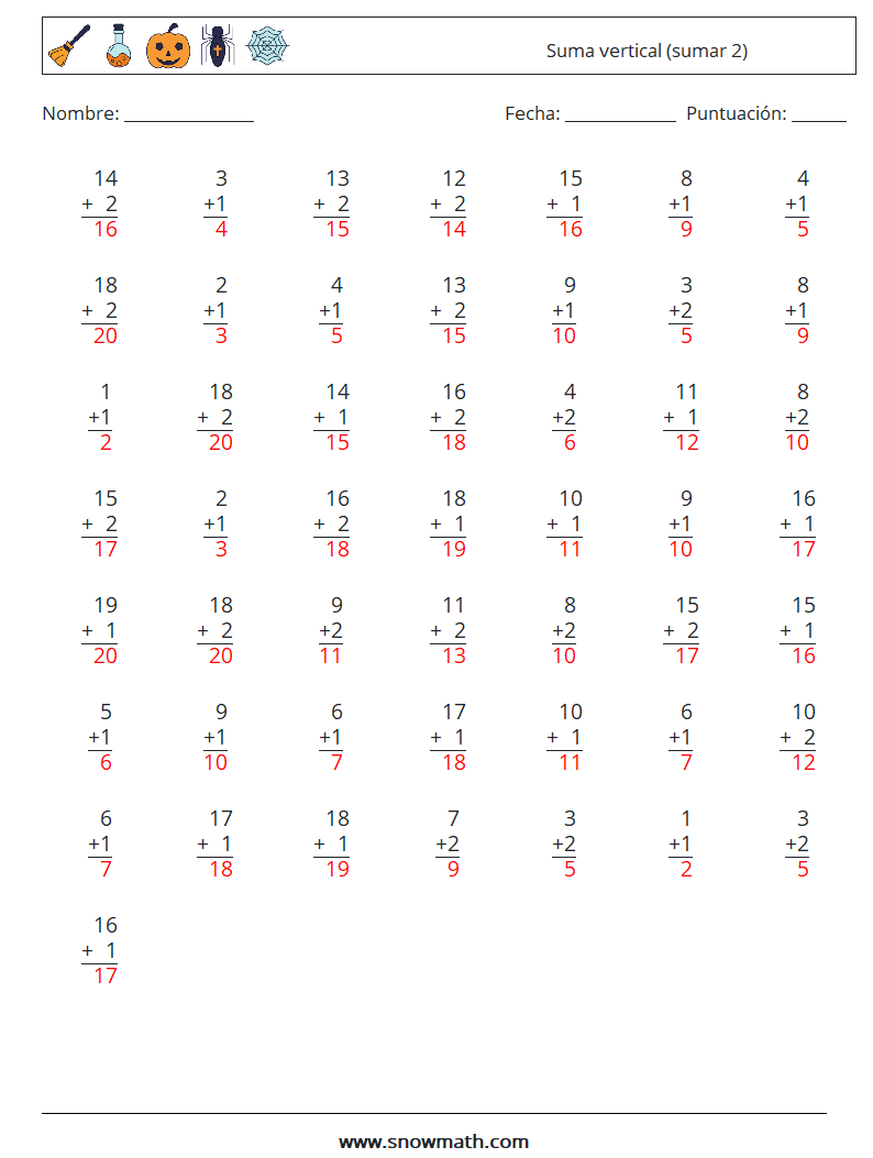 (50) Suma vertical (sumar 2) Hojas de trabajo de matemáticas 11 Pregunta, respuesta