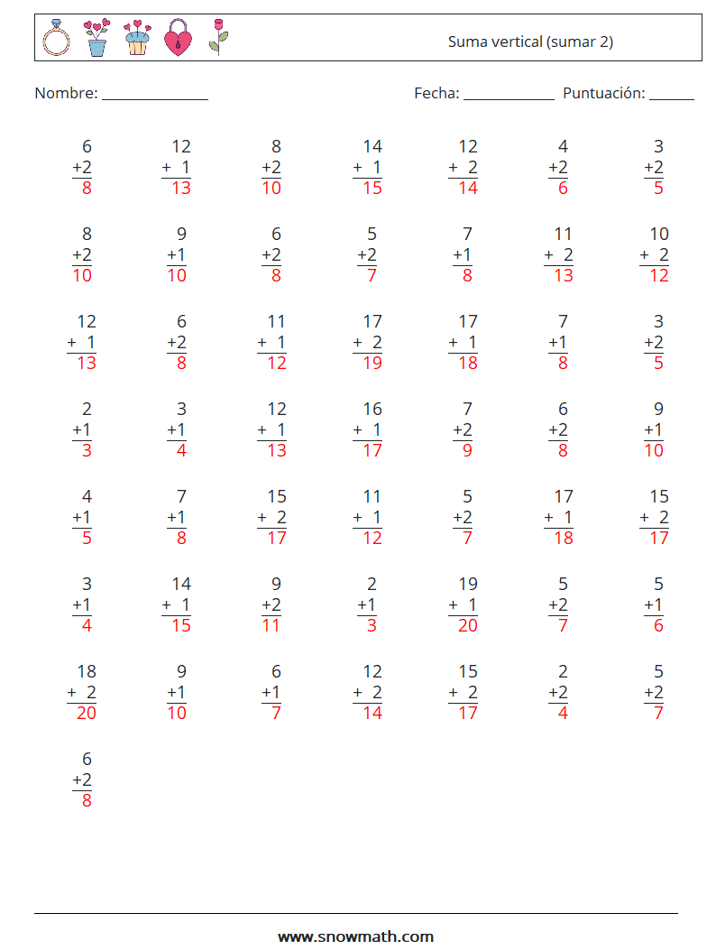 (50) Suma vertical (sumar 2) Hojas de trabajo de matemáticas 13 Pregunta, respuesta