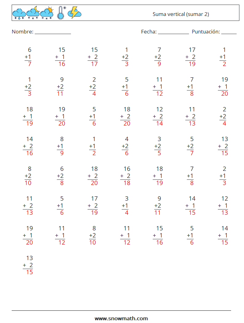 (50) Suma vertical (sumar 2) Hojas de trabajo de matemáticas 15 Pregunta, respuesta