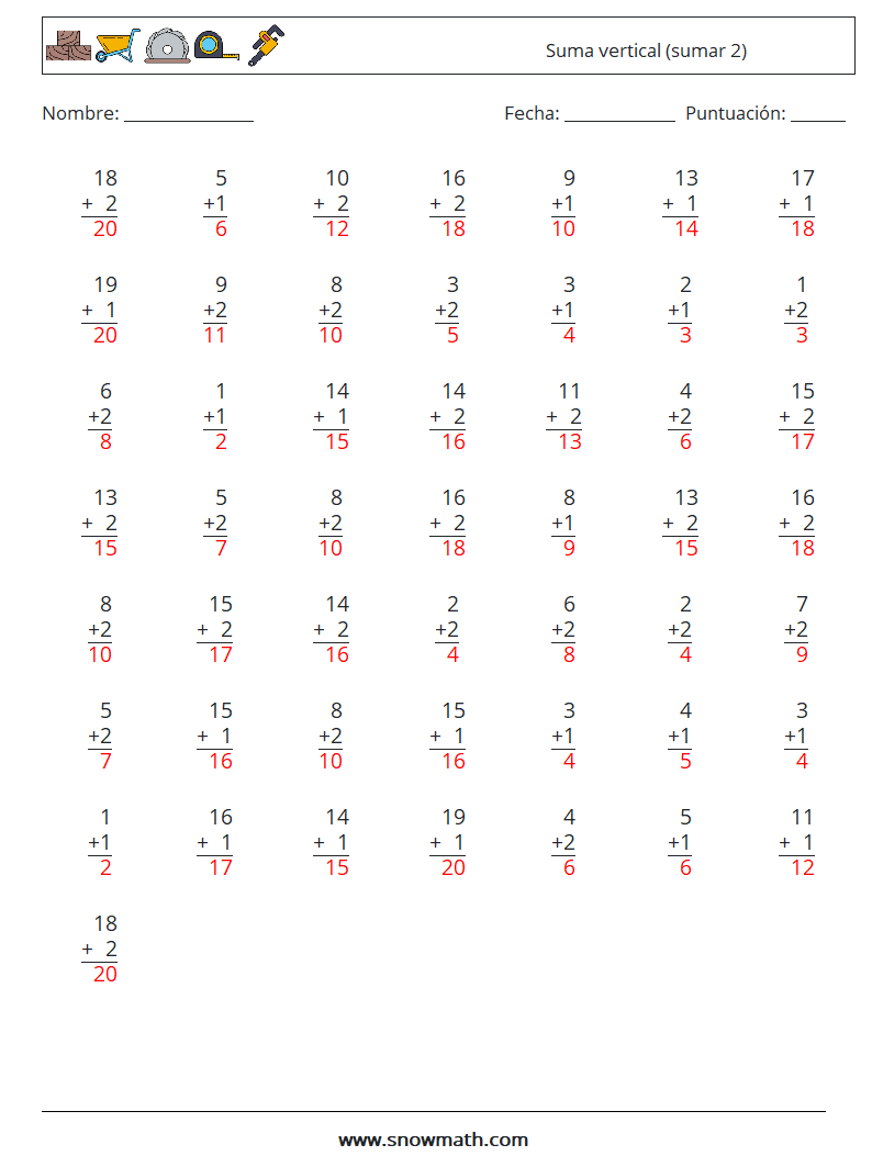 (50) Suma vertical (sumar 2) Hojas de trabajo de matemáticas 17 Pregunta, respuesta