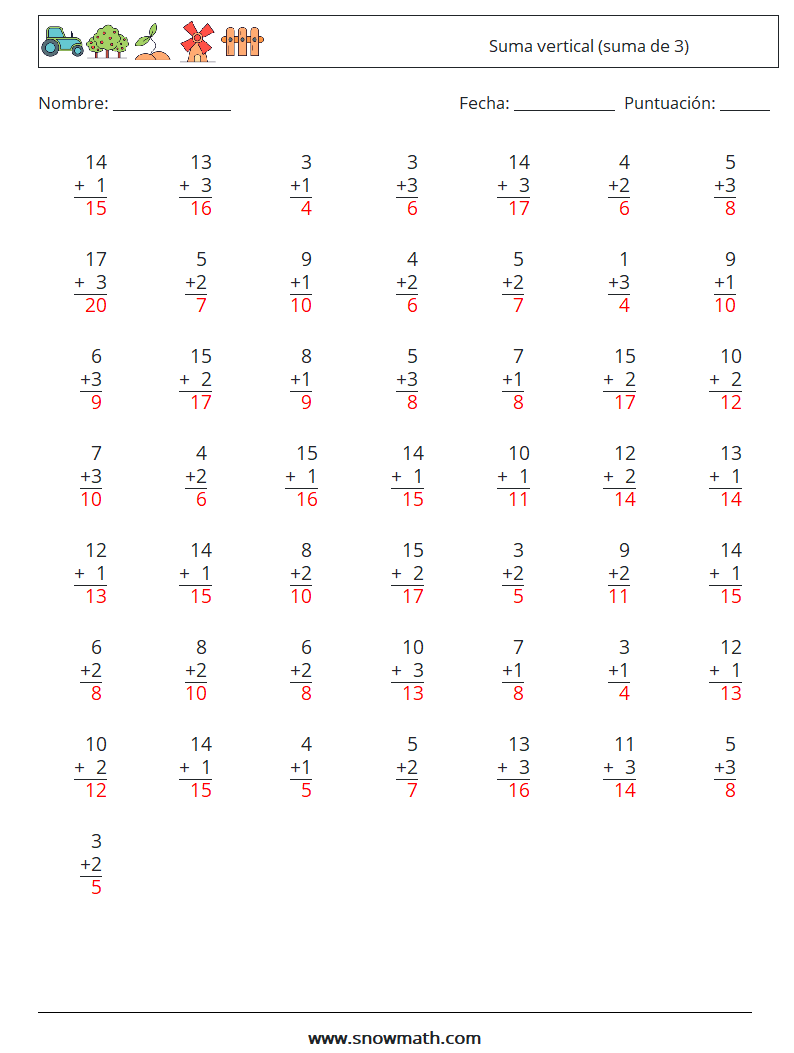 (50) Suma vertical (suma de 3) Hojas de trabajo de matemáticas 10 Pregunta, respuesta