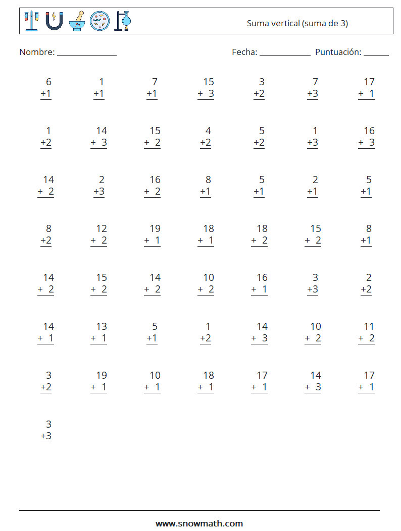 (50) Suma vertical (suma de 3) Hojas de trabajo de matemáticas 11