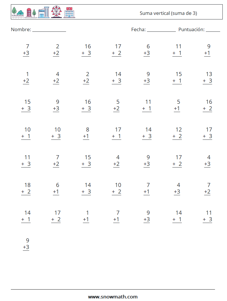 (50) Suma vertical (suma de 3) Hojas de trabajo de matemáticas 12