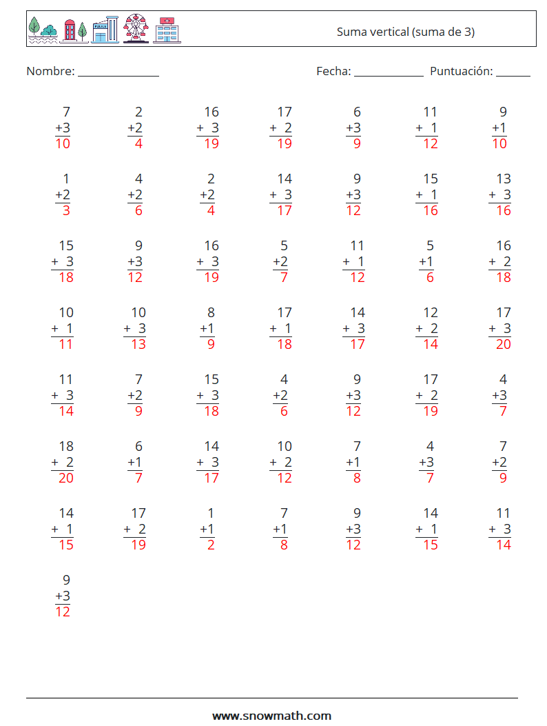 (50) Suma vertical (suma de 3) Hojas de trabajo de matemáticas 12 Pregunta, respuesta