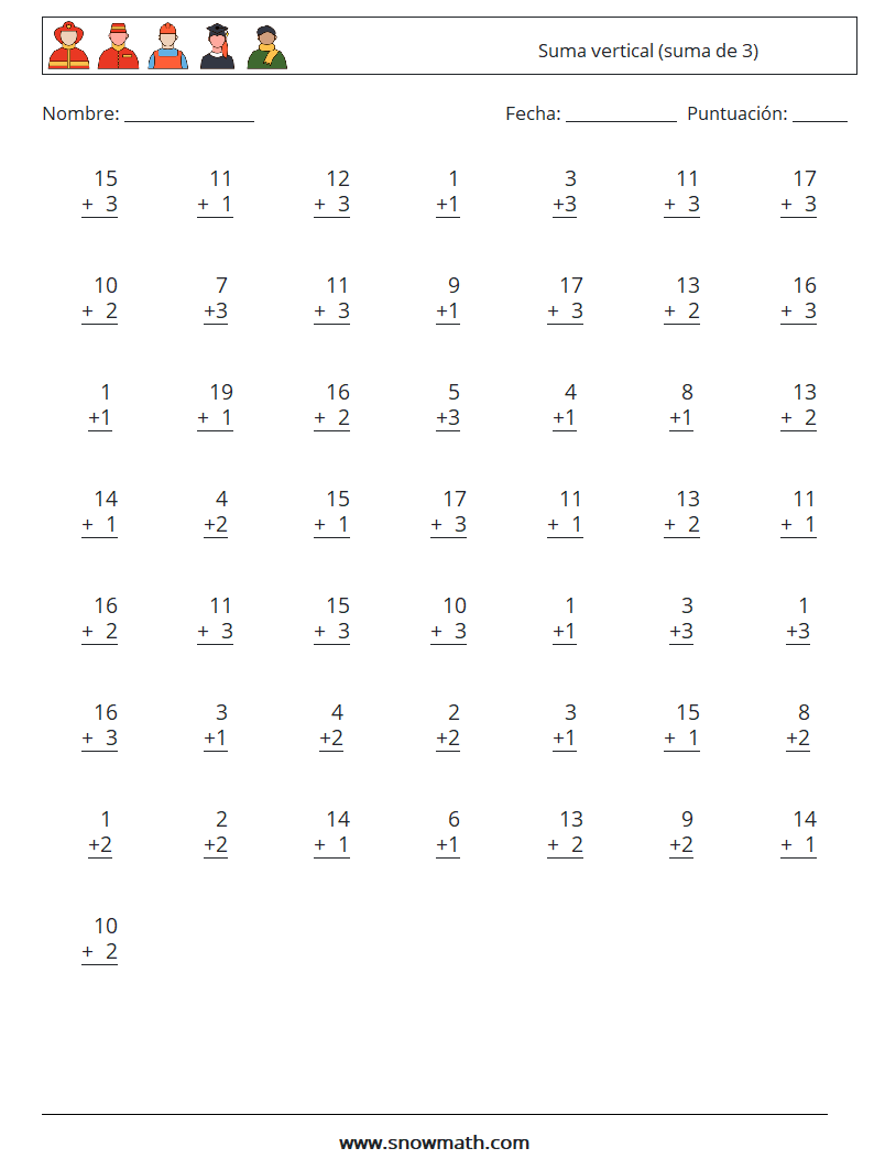 (50) Suma vertical (suma de 3) Hojas de trabajo de matemáticas 13