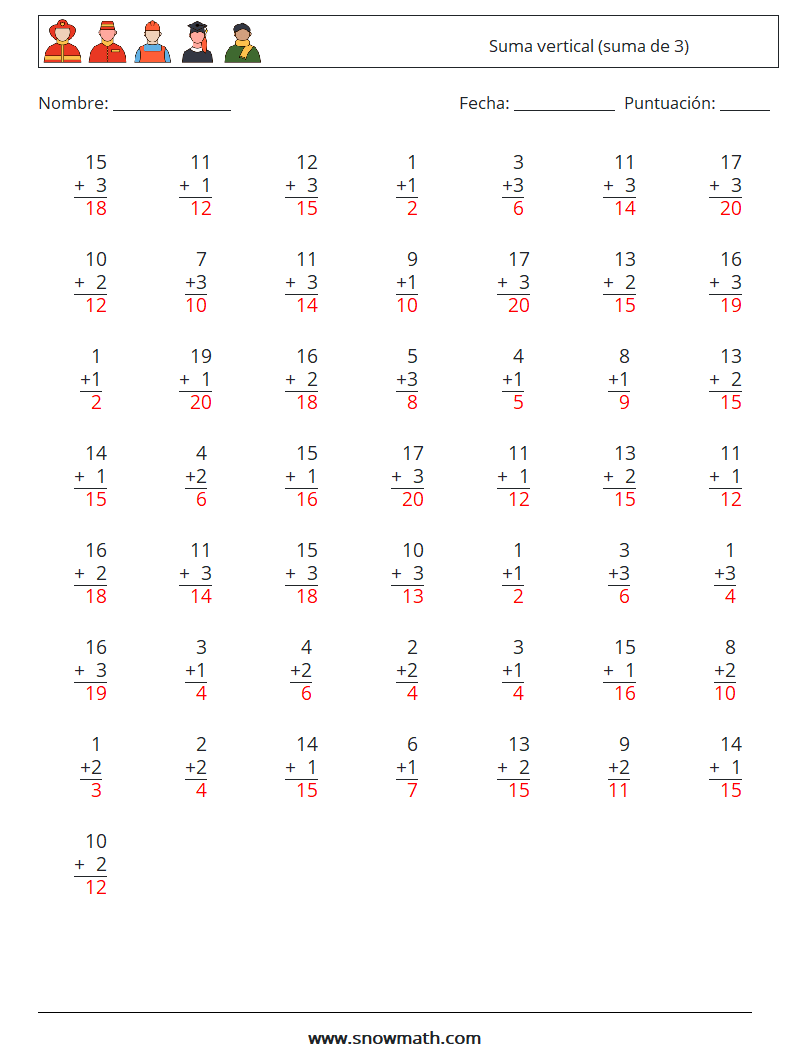 (50) Suma vertical (suma de 3) Hojas de trabajo de matemáticas 13 Pregunta, respuesta