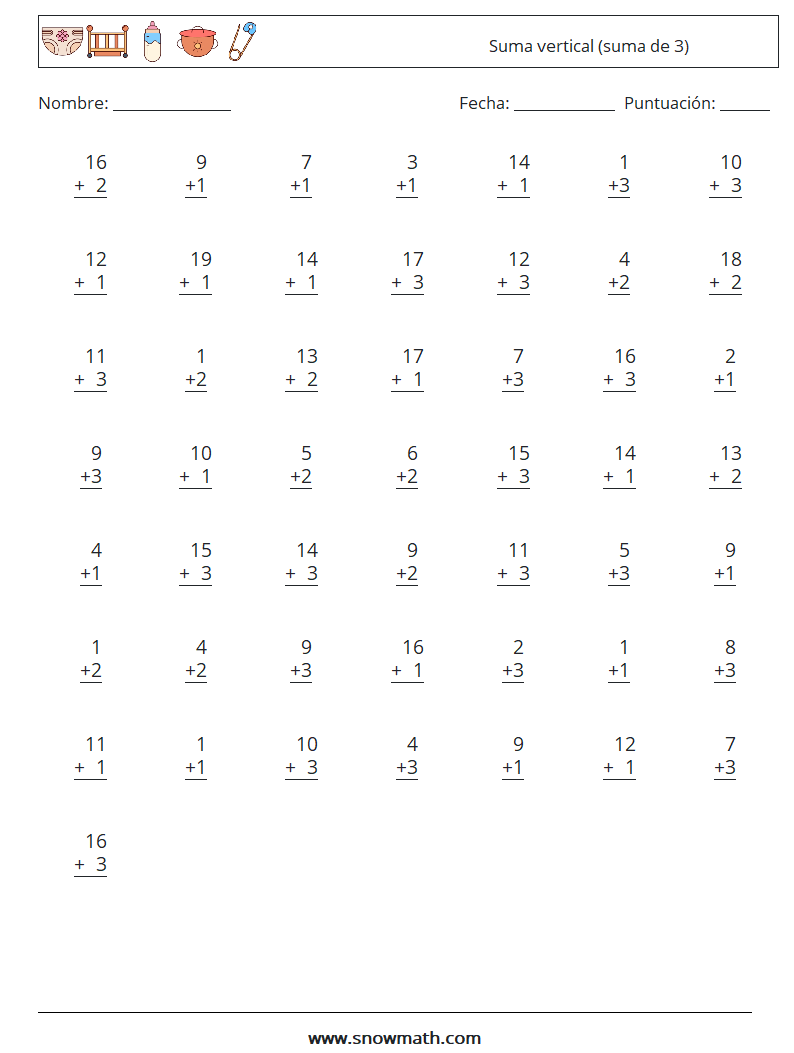 (50) Suma vertical (suma de 3) Hojas de trabajo de matemáticas 14