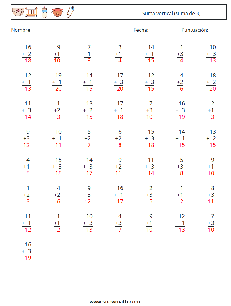 (50) Suma vertical (suma de 3) Hojas de trabajo de matemáticas 14 Pregunta, respuesta