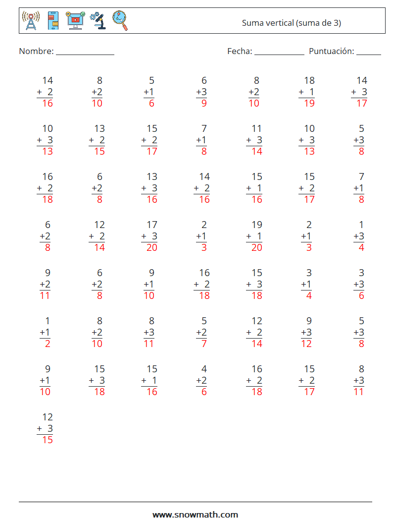 (50) Suma vertical (suma de 3) Hojas de trabajo de matemáticas 15 Pregunta, respuesta