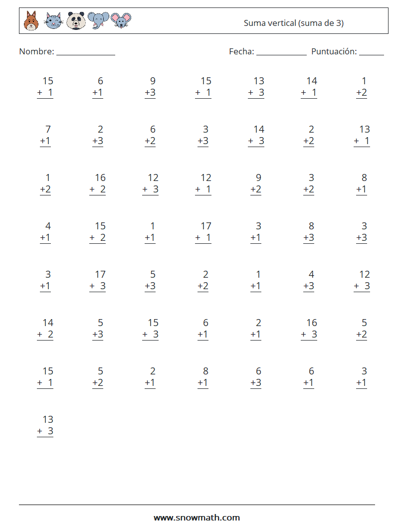 (50) Suma vertical (suma de 3) Hojas de trabajo de matemáticas 16
