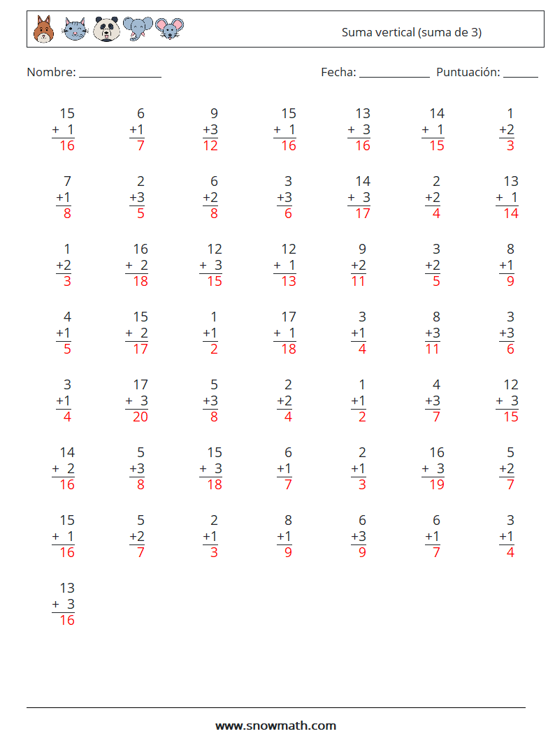 (50) Suma vertical (suma de 3) Hojas de trabajo de matemáticas 16 Pregunta, respuesta