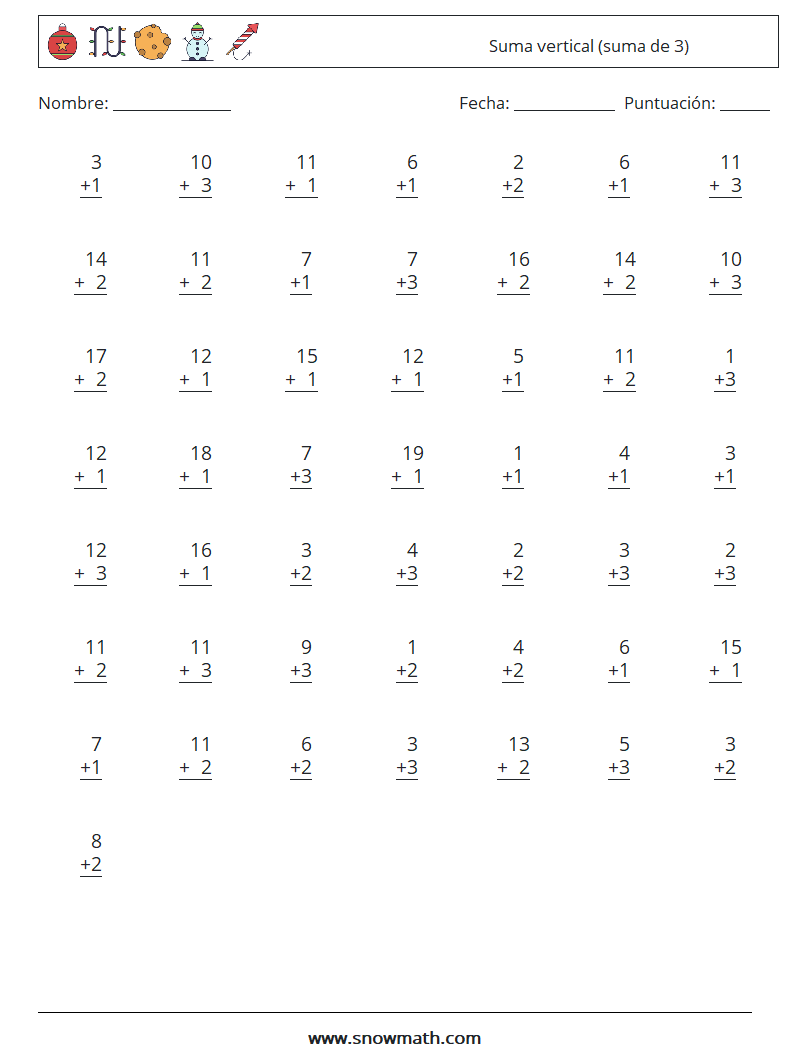 (50) Suma vertical (suma de 3) Hojas de trabajo de matemáticas 17
