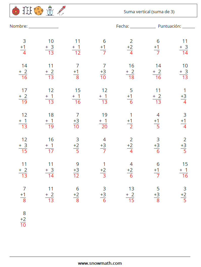 (50) Suma vertical (suma de 3) Hojas de trabajo de matemáticas 17 Pregunta, respuesta