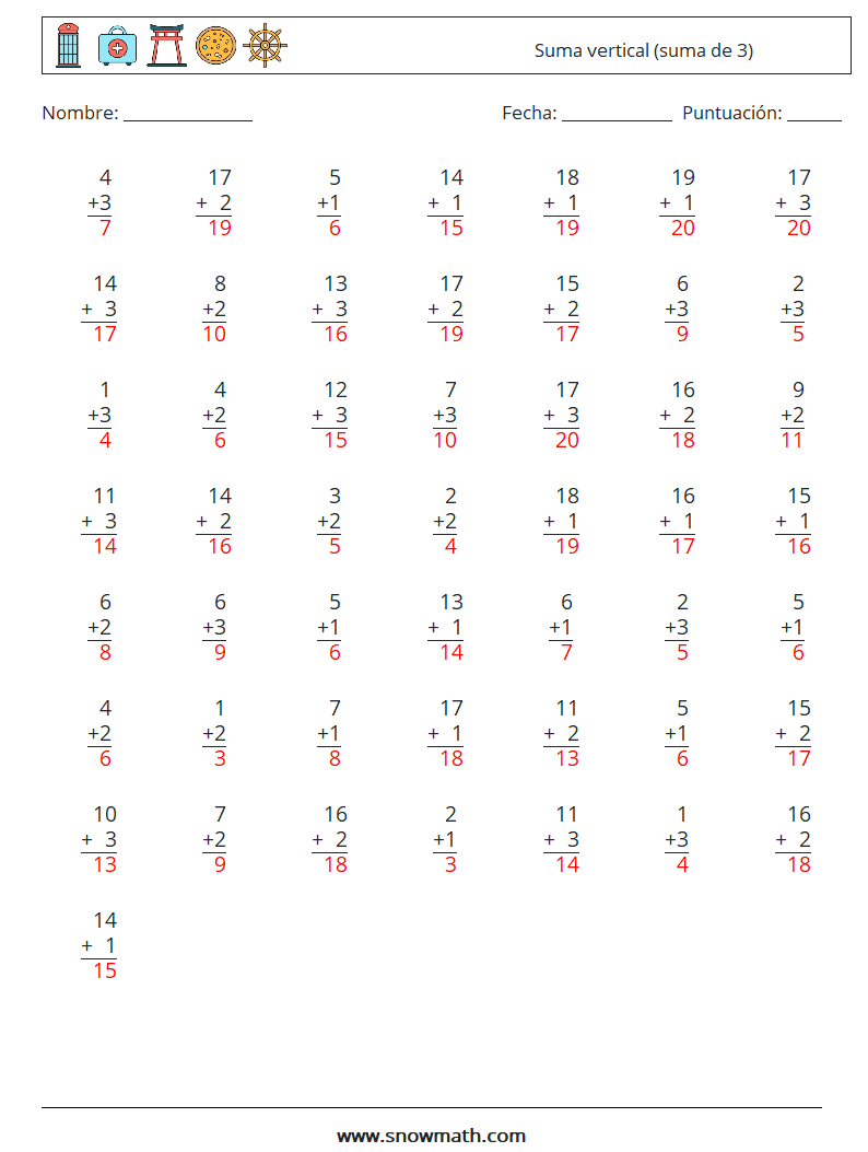 (50) Suma vertical (suma de 3) Hojas de trabajo de matemáticas 18 Pregunta, respuesta
