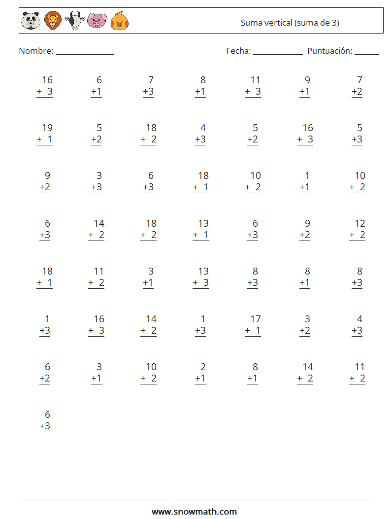 (50) Suma vertical (suma de 3) Hojas de trabajo de matemáticas 2