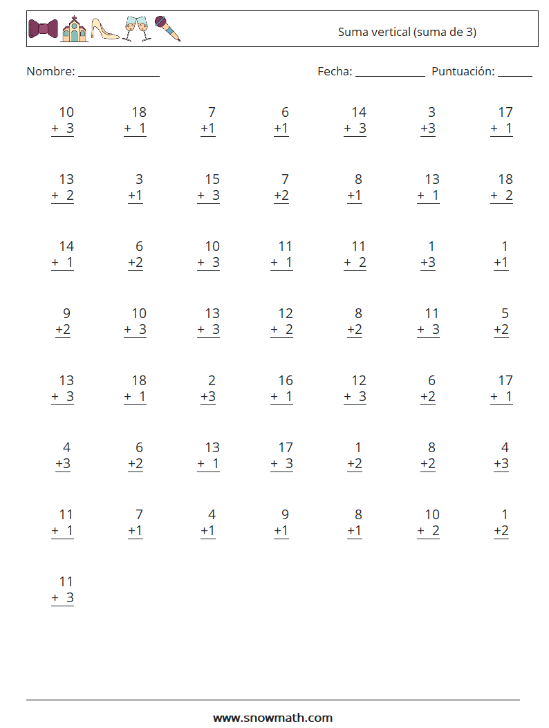 (50) Suma vertical (suma de 3) Hojas de trabajo de matemáticas 4