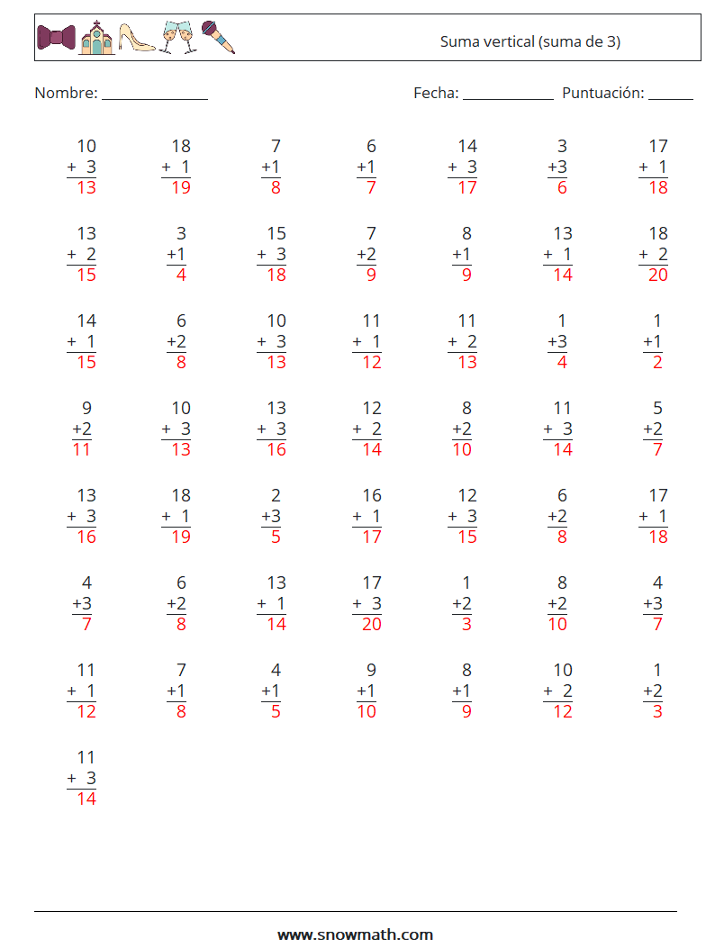 (50) Suma vertical (suma de 3) Hojas de trabajo de matemáticas 4 Pregunta, respuesta