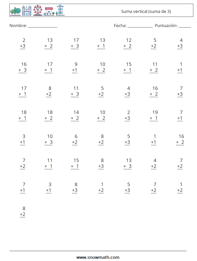 (50) Suma vertical (suma de 3) Hojas de trabajo de matemáticas 5